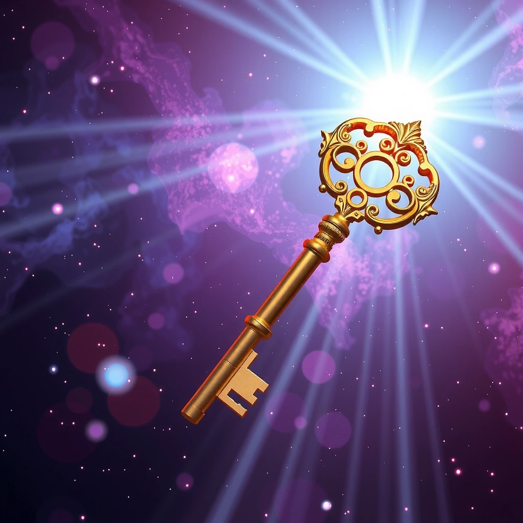Abstract golden key floating in a cosmic nebula