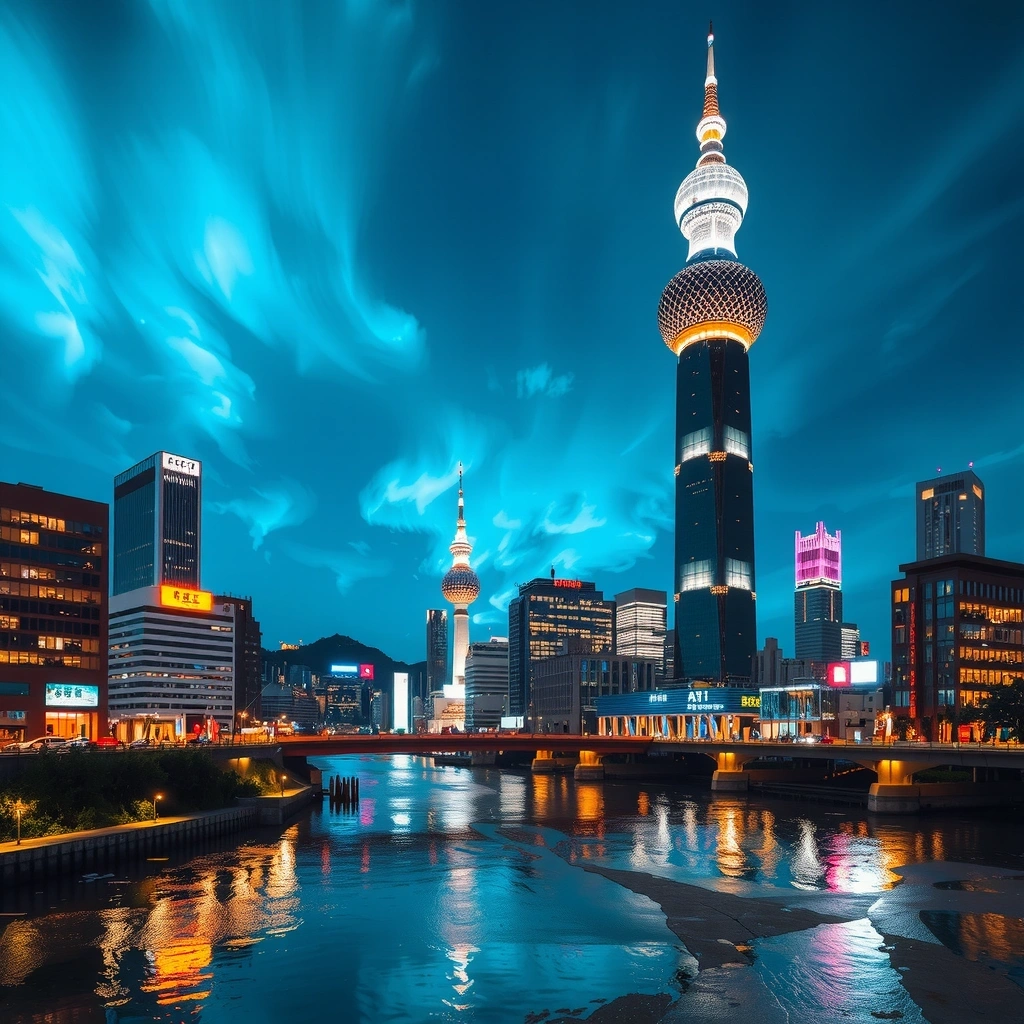 Modern Seoul cityscape at night with technology elements